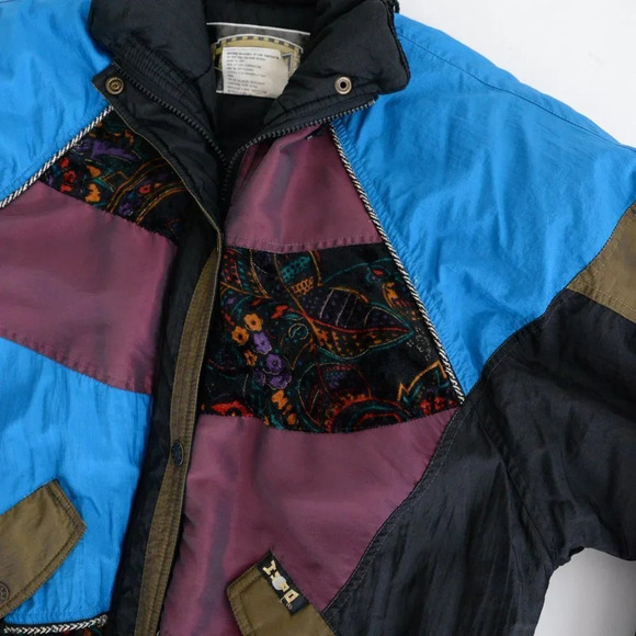 Vintage 90's ISPO Blue & Black Patchwork Funky Puffer Zip  Up Winter Jacket S - Picture 7 of 15